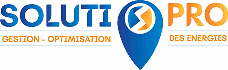 Logo SOLUTI PRO (bleu et orange) avec un marqueur de localisation énergétique. Slogan: GESTION - OPTIMISATION DES ENERGIES.