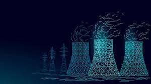 Centrale nucléaire stylisée : trois tours de refroidissement bleues filaires émettent de la vapeur numérique. Pylônes de transmission en fond.