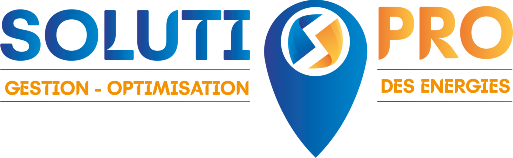Logo Soluti Pro. Le nom est coupé par un pin bleu ciel contenant un chevron. Slogan en orange: Gestion - Optimisation des Energies.