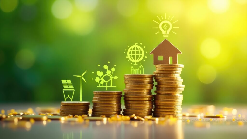 Piles de pièces et icônes de maison et d'énergie sur fond vert, illustrant le concept de courtier énergie.