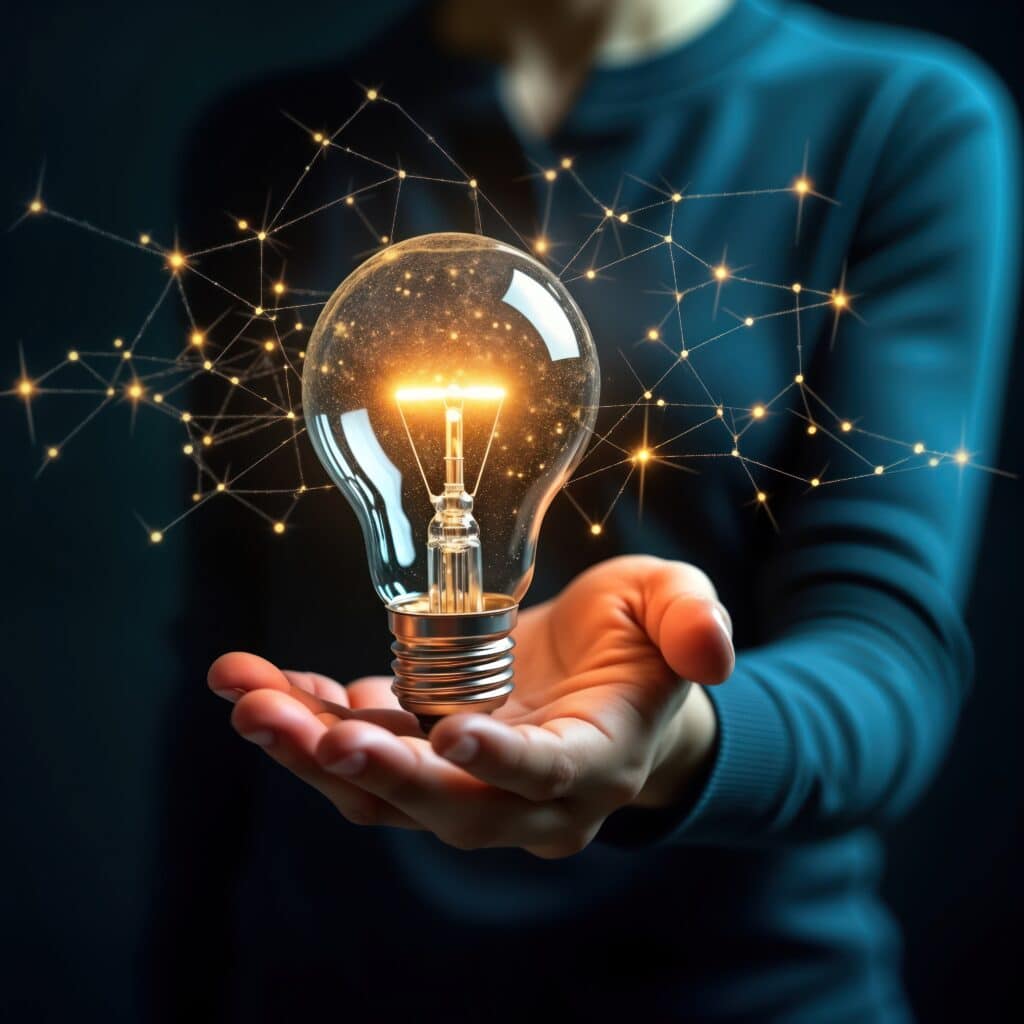 Person holds glowing lightbulb innovation, tech. Network links surround bulb showing connection between ideas. Image represents concept of neural networks, AI. Person likely business leader