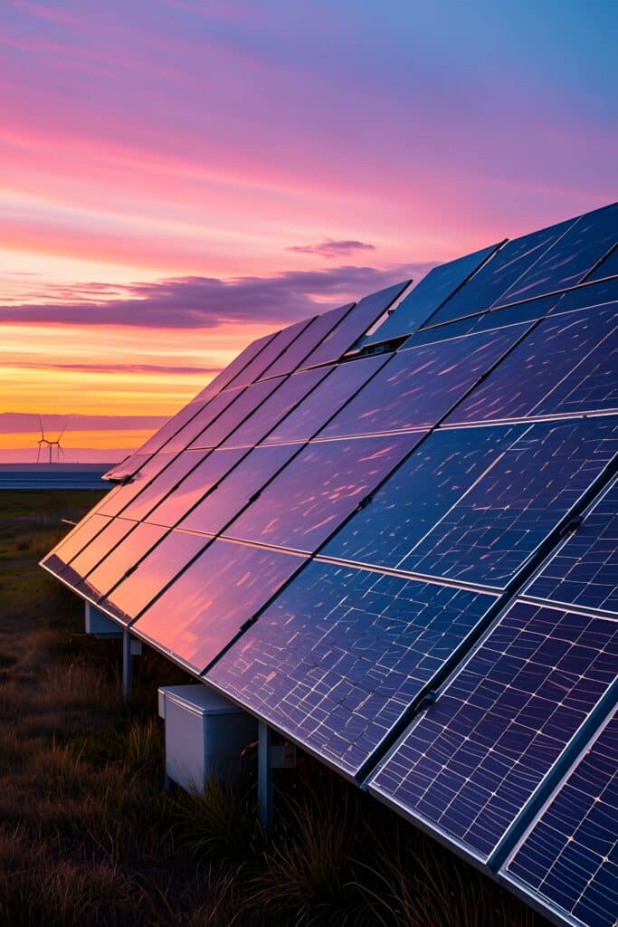 Panneaux solaires au premier plan reflètent un coucher de soleil vibrant rose et violet. Éoliennes éloignées sur l'horizon, symboles d'énergie renouvelable.