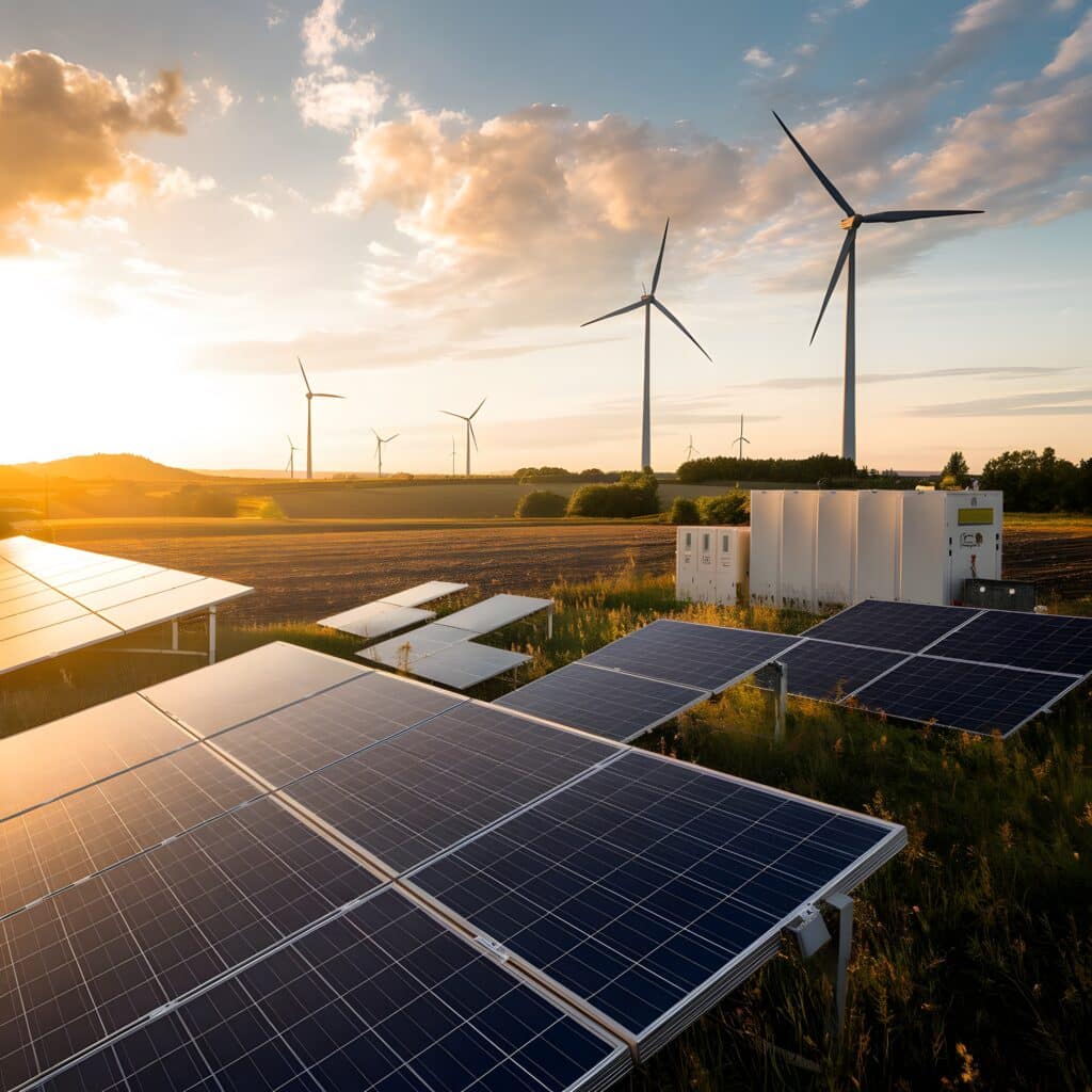 Futuristic renewable energy source with wind turbines and solar panels Production d’énergie solaire et éolienne pilotée par un courtier en énergie solaire pour une stratégie énergétique mixte et durable