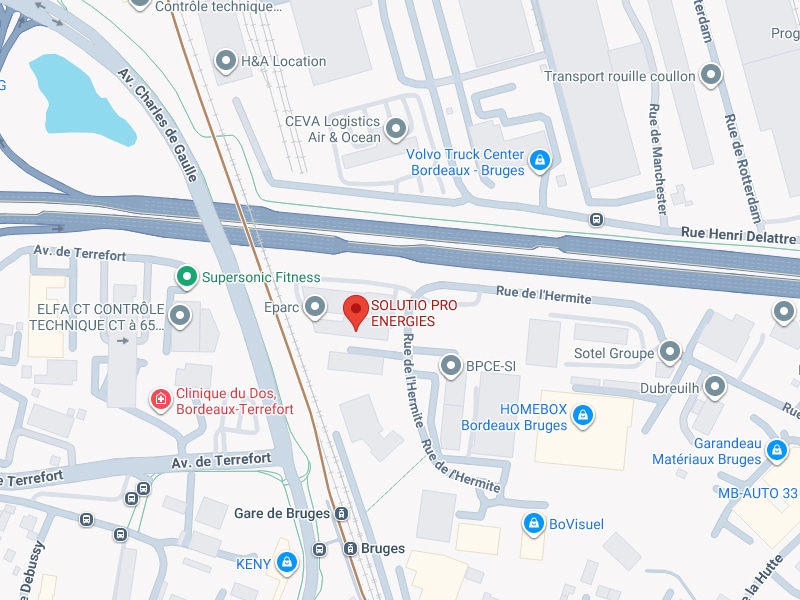 SOLUTIO PRO ENERGIES : Plan d'accès Bordeaux-Bruges/Terrefort. Carte de la zone industrielle Bordeaux-Bruges/Terrefort, indiquant SOLUTIO PRO ENERGIES (épingle rouge) près de Supersonic Fitness et la Gare de Bruges.